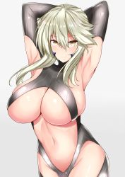 Rule 34 | 1girl, armpits, arms up, artoria pendragon (fate), artoria pendragon (lancer alter) (fate), black leotard, blonde hair, bodysuit, breasts, center opening, cleavage, closed mouth, fate/grand order, fate (series), grey background, hair between eyes, highleg, highleg leotard, highres, hip focus, huge breasts, leotard, light smile, looking at viewer, navel, ribbed leotard, sankakusui, shiny skin, sidelocks, simple background, solo, standing, turtleneck, turtleneck bodysuit, underboob, yellow eyes