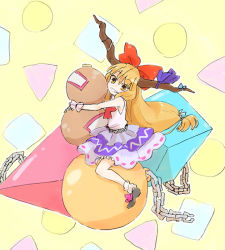 Rule 34 | 1girl, :d, ball, blonde hair, blue skirt, blunt bangs, bow, bowtie, chain, cube, female focus, gourd, grin, horns, ibuki suika, layered skirt, long hair, looking at viewer, low-tied long hair, mokeo, oni, open mouth, red bow, red bowtie, skirt, smile, solo, teeth, touhou, wrist cuffs