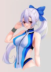 Rule 34 | 1girl, angola-san, blue bow, blue one-piece swimsuit, bow, breasts, competition swimsuit, fate/grand order, fate (series), hair between eyes, hair bow, highleg, highleg swimsuit, highres, large breasts, long hair, looking at viewer, one-piece swimsuit, open mouth, ponytail, red eyes, silver hair, solo, swimsuit, tomoe gozen (fate), tomoe gozen (swimsuit saber) (fate), tomoe gozen (swimsuit saber) (first ascension) (fate), two-tone swimsuit, white one-piece swimsuit