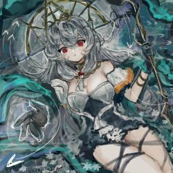 Rule 34 | 1girl, angelfish, arknights, black dress, black gloves, breasts, cleavage, commentary, dress, empty eyes, fish, gloves, grey hair, highres, holding, holding staff, long hair, looking at viewer, lying, medium breasts, multicolored background, on back, outstretched hand, partially submerged, phoenix crown, pomopomoinu, red eyes, skadi (arknights), skadi the corrupting heart (arknights), skadi the corrupting heart (sublimation) (arknights), sketch, solo, staff, symbol-only commentary, thigh strap, two-tone dress, white dress