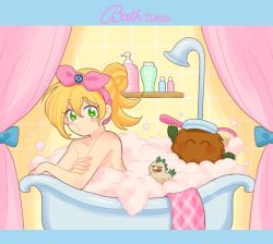 Rule 34 | 1girl, bare shoulders, bath, blonde hair, blush stickers, breasts, censored nipples, convenient censoring, dark magician girl, duel monster, green eyes, highres, kuriboh, long hair, looking at viewer, soap bubbles, soap censor, yu-gi-oh!, yu-gi-oh! duel monsters