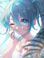 Rule 34 | 1girl, aqua eyes, aqua hair, aqua nails, asahi yuuji, blue background, blush, bottle, breasts, cleavage, closed mouth, collarbone, commentary, hair between eyes, hand up, hatsune miku, highres, holding, holding bottle, light particles, looking at viewer, object to cheek, one eye closed, pout, ramune, shirt, sidelocks, small breasts, solo, twintails, vocaloid, water drop, wet, white shirt