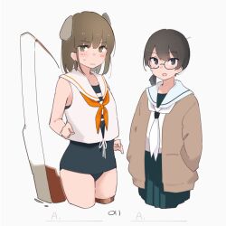 Rule 34 | 1girl, artist logo, bespectacled, black eyes, black hair, blue one-piece swimsuit, blue skirt, brown cardigan, brown eyes, brown hair, c2-chan, c2-chan (cosplay), c2 kikan, cardigan, cosplay, costume switch, cowboy shot, cropped legs, glasses, hands in pockets, headgear, highres, i-41 (kancolle), i-41 (kancolle) (cosplay), kantai collection, looking at viewer, low ponytail, ma rukan, neckerchief, one-piece swimsuit, orange neckerchief, pleated skirt, sailor collar, sailor shirt, school swimsuit, shirt, short hair, short ponytail, simple background, skirt, sleeveless, sleeveless shirt, solo, swimsuit, swimsuit under clothes, white background, white sailor collar, white shirt