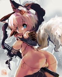 Rule 34 | 1girl, animal ears, anus, ass, between legs, blue eyes, blush, bottomless, bow, breasts, cameltoe, cleft of venus, detached sleeves, fox ears, fox tail, from behind, katana, large breasts, looking back, ninja, original, panties, pussy, ryuno, shawl, sketch, solo, sword, tail, thong, underwear, weapon