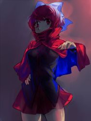 Rule 34 | 1girl, arm up, black shirt, blouse, bow, breasts, cape, geppewi, hair bow, hair ribbon, hand on own hip, high collar, long sleeves, looking at viewer, medium breasts, miniskirt, red eyes, red hair, red skirt, ribbon, sekibanki, shirt, short hair, skirt, solo, touhou