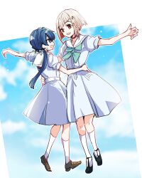 Rule 34 | 2girls, :d, ankle socks, aqua neckerchief, black choker, black footwear, blue eyes, blue hair, blue ribbon, blue sky, blurry, blurry background, bob cut, brown footwear, choker, colored inner hair, commentary request, dancing, dark blue hair, diagonal bangs, dress, eye contact, full body, grey hair, hair ornament, hair ribbon, hand on another&#039;s hip, hasu no sora school uniform, highres, inverted bob, kanduki kamibukuro, light particles, link! like! love live!, loafers, long hair, looking at another, love live!, low twintails, medium dress, multicolored hair, multiple girls, murano sayaka, neckerchief, open mouth, outline, outstretched arm, pleated dress, red eyes, red hair, red neckerchief, ribbon, sailor collar, sailor dress, school uniform, shoes, short hair, short sleeves, sky, smile, socks, star (symbol), star hair ornament, streaked hair, summer uniform, twintails, virtual youtuber, white dress, white outline, white sailor collar, white socks, yugiri tsuzuri