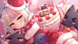 Rule 34 | &gt; &lt;, 1girl, arata (xin), bad id, bad pixiv id, blunt bangs, blush, brown eyes, cake, capelet, christmas, closed mouth, commentary, dress, food, fur-trimmed capelet, fur-trimmed dress, fur trim, hat, highres, hololive, looking at viewer, multicolored hair, murasaki shion, pink hair, purple hair, red capelet, red dress, santa costume, santa hat, shiokko (murasaki shion), silver hair, smile, solo, streaked hair, thighhighs, virtual youtuber