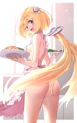 Rule 34 | 1girl, :d, aki rosenthal, apron, ass, bare arms, bare back, bare legs, bare shoulders, blonde hair, blush, bob cut, breasts, commentary, cowboy shot, detached hair, dress, elf, food, frilled apron, frills, from behind, from side, headgear, highres, holding, holding plate, hololive, looking at viewer, low twintails, medium breasts, naked apron, omelet, omurice, open mouth, parted bangs, plate, pointy ears, purple eyes, short hair, shoulder blades, sleeveless, sleeveless dress, smile, solo, sunlight, teeth, twin (tt lsh), twintails, upper teeth only, virtual youtuber