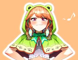 Rule 34 | 1girl, animal hood, aqua choker, blouse, braid, breasts, capelet, closed mouth, commentary, crop top, ddolbang, eighth note, english commentary, frog hood, green capelet, green hair, hair flaps, hands on own hips, highres, hololive, hololive english, hood, hood up, hooded capelet, long hair, looking at viewer, low twin braids, low twintails, medium breasts, multicolored hair, musical note, official alternate costume, official alternate hairstyle, orange background, orange hair, purple eyes, shirt, smile, smirk, smug, solo, streaked hair, swept bangs, takanashi kiara, takanashi kiara (casual), twin braids, twintails, virtual youtuber, white shirt