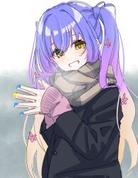 Rule 34 | 1girl, absurdres, alternate costume, black coat, blonde hair, blue hair, blue nails, blush, brown scarf, coat, commentary request, eyelashes, eyes visible through hair, grey background, grin, gyaru, hair between eyes, hands up, highres, kogal, kohibari kurumi, long hair, looking at viewer, nail polish, own hands together, scarf, silver116, simple background, sleeves past wrists, smile, solo, steepled fingers, tenshi souzou re-boot!, twintails, upper body, very long hair, winter clothes, yellow eyes, yellow nails