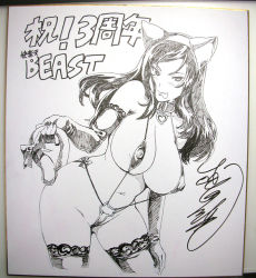 Rule 34 | 1girl, :p, animal ears, bikini, bow, breasts, cat ears, collar, covered erect nipples, curvy, detached sleeves, gloves, greyscale, groin, huge breasts, large breasts, leaning forward, long hair, micro bikini, monochrome, naughty face, nipples, shikishi, shin jugai, slingshot swimsuit, solo, swimsuit, takeda hiromitsu, thighhighs, tongue, tongue out
