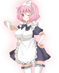 Rule 34 | 1girl, alternate costume, apron, breasts, dress, enmaided, female focus, ghost, hand on own hip, large breasts, maid, maid apron, maid headdress, no headwear, no headwear, one eye closed, pink hair, red eyes, ryoulove15, saigyouji yuyuko, short hair, smile, solo, thighhighs, touhou, tray, triangular headpiece, white thighhighs, wink