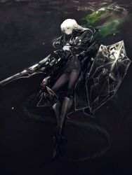 Rule 34 | 1girl, armor, black background, black jacket, black pantyhose, black skirt, breastplate, closed mouth, dragon girl, dragon tail, expressionless, floating hair, from side, greaves, green eyes, highres, holding, holding polearm, holding shield, holding weapon, jacket, lance, long hair, long sleeves, looking ahead, open clothes, open jacket, original, pantyhose, polearm, ponytail, sabaton, shield, simple background, skirt, solo, tail, tuda6, weapon, white hair