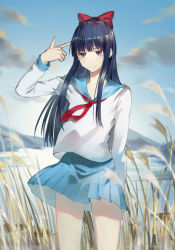 Rule 34 | 10s, 1girl, bad id, bad pixiv id, blue eyes, blue hair, blue skirt, blue sky, blurry, blurry foreground, bow, closed mouth, cloud, commentary request, day, depth of field, finger gun, finger gun to head, geyegua, hair bow, highres, long hair, long sleeves, looking at viewer, outdoors, pipimi, pleated skirt, poptepipic, red bow, red neckwear, reeds, school uniform, serafuku, shirt, skirt, sky, smile, solo, standing, very long hair, water, white shirt