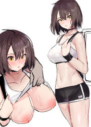 Rule 34 | 1girl, absurdres, afterimage, azur lane, bag, baltimore (azur lane), baltimore (black ace) (azur lane), bare shoulders, black choker, black shorts, braid, breasts, brown hair, choker, clothes lift, collarbone, covered erect nipples, crop top, duffel bag, gree4, hair between eyes, highres, large breasts, looking at viewer, midriff, multiple views, navel, nipples, official alternate costume, parted lips, see-through, short hair, short shorts, shorts, simple background, sleeveless, sports bra, sports bra lift, stomach, sweat, sweatband, thighs, white background, yellow eyes