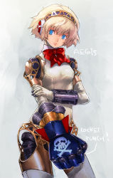 Rule 34 | 1girl, aegis (persona), android, atlus, blonde hair, blue eyes, bow, boyaking, clenched hand, female focus, gradient background, hairband, persona, persona 3, sega, short hair, skull and crossbones, solo
