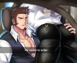 Rule 34 | 2boys, ass, ass grab, bara, beard, blue eyes, brown hair, car, collared shirt, denim, english text, facial hair, fake phone screenshot, fake screenshot, fate/grand order, fate (series), feet out of frame, he wants to order (meme), highres, huge ass, iskandar (fate), jeans, loboke, looking to the side, male focus, manly, mature male, meme, motor vehicle, multiple boys, muscular, muscular male, napoleon bonaparte (fate), pants, pectoral cleavage, pectorals, shirt, smile, snapchat, spiked hair, t-shirt, teeth, tight clothes
