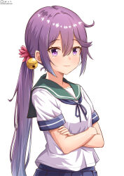 Rule 34 | 1girl, akebono (kancolle), bell, blue skirt, closed mouth, collarbone, crossed arms, dated, flower, green sailor collar, hair bell, hair between eyes, hair flower, hair ornament, highres, jingle bell, kantai collection, long hair, looking at viewer, low side ponytail, neck ribbon, pleated skirt, purple eyes, purple hair, ribbon, sailor collar, school uniform, serafuku, shiromaru (maniado), shirt, short sleeves, side ponytail, sidelocks, simple background, skirt, smile, solo, twitter username, upper body, very long hair, white background, white shirt