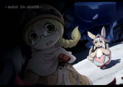 Rule 34 | 2girls, :o, animal ears, braid, chestnut mouth, commentary request, copyright name, ears through headwear, furry, green eyes, helmet, highres, letterboxed, long hair, looking at viewer, made in abyss, multiple girls, nanachi (made in abyss), nejime, night, open mouth, outdoors, pants, riko (made in abyss), semi-rimless eyewear, snow, topless, twin braids, under-rim eyewear, whistle, white hair