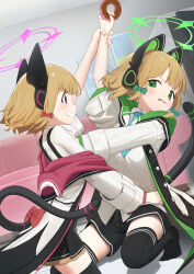 Rule 34 | 2girls, absurdres, animal ear headphones, animal ears, arm up, black shorts, black skirt, black thighhighs, blonde hair, blue archive, blue necktie, blush, bow, clenched teeth, collared shirt, commentary request, couch, doughnut, dress shirt, fake animal ears, food, green eyes, halo, headphones, highres, holding, holding food, hub (havu obi), indoors, jacket, long sleeves, midori (blue archive), momoi (blue archive), multiple girls, necktie, no shoes, off shoulder, on floor, open clothes, open jacket, parted lips, pleated skirt, profile, purple eyes, red bow, shirt, shorts, siblings, sisters, skirt, suspender skirt, suspenders, sweat, tail, teeth, thighhighs, twins, v-shaped eyebrows, white shirt