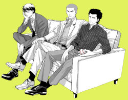 Rule 34 | 3boys, ace of diamond, amahisa kousei, baseball, baseball (object), belt, buzz cut, character request, couch, crossed legs, egg (cknlun), figure four sitting, glasses, hand on own knee, head rest, looking at viewer, male focus, miyuki kazuya, multiple boys, pants, shirt, shoes, short hair, sitting, spot color, striped clothes, striped shirt, very short hair, yellow background
