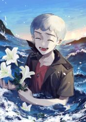 Rule 34 | 1boy, :d, closed eyes, collarbone, commentary, creatures (company), day, flower, game freak, grey hair, happy, highres, holding, holding flower, jacket, jewelry, kienai 11, male focus, nanu (pokemon), necklace, nintendo, open clothes, open jacket, open mouth, outdoors, partially submerged, pokemon, pokemon sm, red shirt, shirt, short hair, short sleeves, sky, smile, solo, symbol-only commentary, teeth, tongue, twitter username, water, watermark, white flower