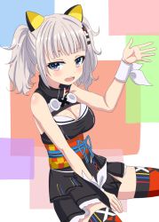 Rule 34 | 1girl, :d, bare shoulders, between legs, black dress, blue eyes, blunt bangs, blush, body blush, breasts, cleavage, cleavage cutout, clothing cutout, dress, eyebrows, facing away, hair ornament, hairclip, hand between legs, highres, kaguya luna, large breasts, long hair, multicolored background, multicolored eyes, obi, open mouth, palms, pink eyes, red thighhighs, ribbon, sash, short dress, silver hair, sincos, sitting, sleeveless, sleeveless dress, smile, solo, spread legs, striped ribbon, teeth, the moon studio, thighhighs, tsurime, turtleneck, twintails, vertical stripes, virtual youtuber, white ribbon, wrist ribbon, wristband, x hair ornament, zettai ryouiki