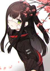 Rule 34 | 1girl, absurdres, bad id, bad pixiv id, bandaid, bandaid on face, black gloves, black hair, black pantyhose, blush, cherry blossoms, chromatic aberration, eyepatch, gloves, green eyes, hair between eyes, hair ribbon, highres, library of ruina, long hair, long sleeves, looking at viewer, michael 1987, pantyhose, parted lips, petals, pleated skirt, ponytail, project moon, red ribbon, ribbon, sidelocks, simple background, skirt, solo focus, tenma (project moon), white background