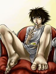 Rule 34 | 00s, 1boy, bags under eyes, black hair, bottomless, briefs, bulge, cake, couch, death note, ericulf, feet, food, l (death note), male focus, male underwear, pastry, solo, toes, underwear, white male underwear