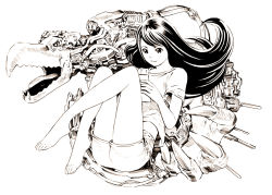 Rule 34 | 1girl, barefoot, black hair, claws, commentary request, greyscale, knees up, long hair, machine, monochrome, original, shirt, short sleeves, shorts, simple background, smile, solo, tongue, tongue out, white background, yoshitomi akihito