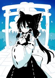Rule 34 | 1girl, black hair, blue eyes, blue theme, bow, commentary request, crossed arms, detached sleeves, hair between eyes, hair bow, hair tubes, hakurei reimu, japanese clothes, leaf, falling leaves, limited palette, long hair, long sleeves, looking at viewer, monochrome, morino hon, nontraditional miko, ponytail, skirt, smile, solo, stone walkway, torii, touhou, tree, wide sleeves
