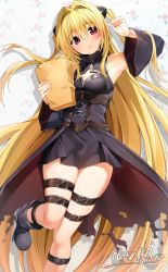 Rule 34 | 1girl, black dress, black footwear, blonde hair, closed mouth, clothing cutout, detached sleeves, dress, hair intakes, hand in own hair, highres, holding, konjiki no yami, long hair, looking at viewer, nakano maru, red eyes, simple background, solo, thigh strap, to love-ru, very long hair, white background