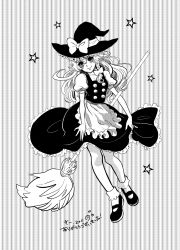 Rule 34 | 1girl, apron, bad id, bad pixiv id, bow, braid, broom, dress, female focus, greyscale, hair bow, hat, hat bow, highres, kirisame marisa, long hair, mary janes, monochrome, sarasara, shoes, solo, star (symbol), striped, striped background, touhou, witch, witch hat