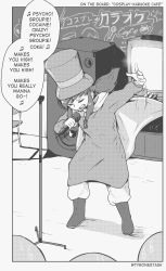 Rule 34 | 1girl, a hat in time, absurdres, boots, cape, cosplay, english text, closed eyes, facing away, greyscale, hat kid, hat kid (cosplay), highres, hip hop, lyrics, monochrome, monochrome, music, musical note, open mouth, original, ponytail, short hair with long locks, short ponytail, singing, speech bubble, spoken musical note, sweat, system of a down, tyrone, zipper pull tab