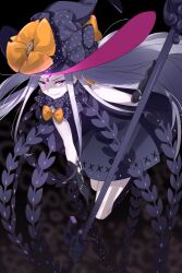 Rule 34 | 1girl, abigail williams (fate), abigail williams (third ascension) (fate), bare shoulders, black bow, black dress, black hat, blush, bow, breasts, colored skin, dress, echo (circa), fate/grand order, fate (series), forehead, grin, hair bow, hat, key, keyhole, long hair, looking at viewer, orange bow, parted bangs, purple eyes, small breasts, smile, staff, third eye, white hair, white skin, witch hat