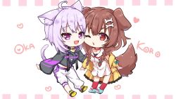 Rule 34 | 2girls, :3, :d, ahoge, animal ears, belt collar, bone hair ornament, braid, brown hair, cat ears, cat girl, cat tail, character name, cheek-to-cheek, chibi, choker, coat, collar, collared dress, commentary request, dog ears, dog girl, dog tail, dress, full body, hair between eyes, hair ornament, heads together, hololive, hood, hooded coat, hooded sweater, inugami korone, inugami korone (1st costume), kneehighs, kuze matsuri, leaning forward, long hair, long sleeves, looking at another, looking at viewer, low-tied long hair, midriff, multiple girls, nekomata okayu, nekomata okayu (1st costume), one eye closed, open mouth, pants, parted lips, purple eyes, purple hair, red eyes, red legwear, shoes, short hair, sidelocks, simple background, smile, sneakers, socks, standing, sweater, tail, twin braids, virtual youtuber, white background, white dress, white pants, yellow coat