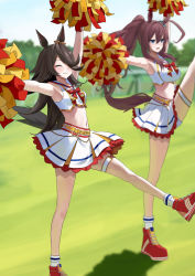 Rule 34 | 2girls, absurdres, animal ears, arms up, blue eyes, blurry, blurry background, bow, bowtie, brown hair, cheerleader, closed eyes, commentary request, cosplay, grass, hair over one eye, highres, horse ears, horse girl, horse tail, hoshinopurin, leg up, long hair, mihono bourbon (umamusume), multiple girls, navel, nice nature (run&amp;win) (umamusume), nice nature (umamusume), nice nature (umamusume) (cosplay), pleated skirt, pom pom (cheerleading), ponytail, rice shower (umamusume), skirt, standing, standing on one leg, stomach, tail, thigh strap, umamusume, wavy mouth