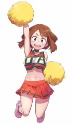 Rule 34 | 10s, 1girl, alternate costume, arm up, armpits, blush stickers, boku no hero academia, breasts, brown eyes, brown hair, cheerleader, choker, crop top, full body, highres, jumping, large breasts, looking at viewer, midriff, mochi (mochi444420), navel, open mouth, pleated skirt, pom pom (cheerleading), shoes, short hair, simple background, skirt, sleeveless, smile, socks, solo, teeth, upper teeth only, uraraka ochako, white background