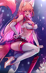 Rule 34 | 1girl, :d, ahri (league of legends), animal ear fluff, animal ears, bare shoulders, boots, breasts, cleavage cutout, clothing cutout, commentary, ehrrr, elbow gloves, english commentary, fox ears, fox girl, fox tail, gloves, gradient hair, hand on own hip, high heel boots, high heels, highres, large breasts, league of legends, long hair, looking at viewer, midriff, miniskirt, multicolored hair, navel, open mouth, orange hair, pink eyes, pink hair, pleated skirt, shirt, skirt, sleeveless, sleeveless shirt, slit pupils, smile, solo, standing, standing on one leg, star guardian (league of legends), star guardian ahri, tail, thigh boots, thighhighs, very long hair, white footwear, white gloves