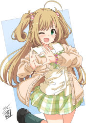 Rule 34 | 1girl, absurdres, ahoge, blonde hair, blue background, blush, breasts, brown cardigan, cardigan, collarbone, dated, green eyes, green skirt, green socks, grid background, hair ornament, hair ribbon, heart, heart hands, highres, idolmaster, idolmaster cinderella girls, idolmaster cinderella girls starlight stage, large breasts, loafers, long hair, looking at viewer, neck ribbon, one eye closed, open cardigan, open clothes, open mouth, pink ribbon, plaid, plaid ribbon, plaid skirt, ribbon, sato shin, school uniform, sekiya kuzuyu, shirt, shoes, signature, skirt, smile, socks, solo, standing, standing on one leg, twintails, white shirt