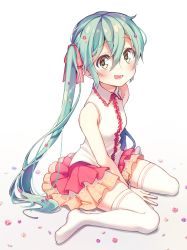 Rule 34 | 1girl, :d, absurdres, aizaki utau, aqua eyes, aqua hair, arm support, bare arms, bracelet, collared shirt, commentary, flower, full body, hair between eyes, hair flower, hair ornament, hair ribbon, hatsune miku, highres, jewelry, layered skirt, long hair, looking at viewer, no shoes, open mouth, red ribbon, ribbon, shirt, sitting, skirt, sleeveless, sleeveless shirt, smile, solo, thighhighs, twintails, very long hair, vocaloid, wariza, white shirt, white thighhighs, wing collar, zettai ryouiki