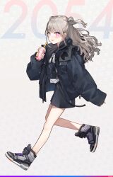 Rule 34 | + +, 1girl, :p, black jacket, black skirt, blush, commentary request, cup, disposable cup, full body, fuzuki fuuro, grey hair, hair tie, highres, holding, holding cup, jacket, long hair, looking at viewer, louis vuitton (brand), milkshake, open clothes, open jacket, orange nails, original, pink eyes, shoes, skirt, smile, sneakers, solo, tongue, tongue out, two side up, wavy hair