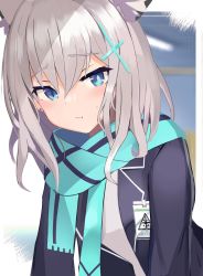 Rule 34 | 1girl, :t, animal ear fluff, animal ears, black jacket, blue archive, blue eyes, blue scarf, blush, bright pupils, cat ears, closed mouth, cross hair ornament, darudana, earrings, extra ears, hair ornament, highres, jacket, jewelry, long hair, long sleeves, mismatched pupils, open clothes, open jacket, pout, scarf, shiroko (blue archive), shirt, silver hair, solo, stud earrings, upper body, white shirt