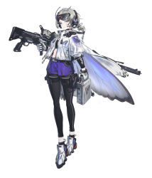 Rule 34 | 1girl, blue eyes, butterfly wings, case, cropped jacket, eyewear on head, full body, gloves, gun, headset, highres, holding, holding gun, holding weapon, insect wings, leggings, leggings under shorts, looking at viewer, medium hair, midriff, miv4t, navel, original, over shoulder, pantyhose, platinum blonde hair, pouch, rifle, shoes, shorts, sneakers, sniper rifle, solo, sunglasses, thigh pouch, weapon, weapon over shoulder, white background, white gloves, wings