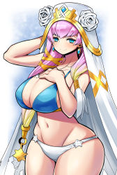 Rule 34 | 1girl, alternate costume, bikini, blonde hair, blue eyes, breasts, closed mouth, fire emblem, gunnthra (fire emblem), hair ornament, hat, highres, kara age, large breasts, long hair, midriff, multicolored hair, navel, nintendo, pink hair, solo, swimsuit, thighs, two-tone hair, upper body, wide hips