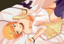 Rule 34 | 1girl, apron, assisted exposure, bare shoulders, bdsm, bed sheet, blush, bondage, bound, bow, bow bra, bow panties, bra, breasts, clothes pull, collarbone, cuffs, hair ornament, inami mahiru, leash, lying, matsumoto ryou, on back, open clothes, open mouth, orange eyes, orange hair, panties, plaid, plaid bra, plaid panties, restrained, rope, shirt, short hair, skirt, skirt pull, slave, small breasts, solo, strap slip, tears, underwear, uniform, waitress, working!!