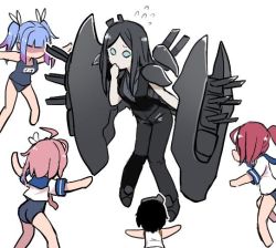 Rule 34 | 10s, 5girls, abyssal ship, armor, black hair, blue hair, cannon, clothes writing, commentary request, flying sweatdrops, goggles, goggles on head, hair ornament, hair ribbon, headgear, i-168 (kancolle), i-19 (kancolle), i-58 (kancolle), kantai collection, long hair, machinery, maru-yu (kancolle), meme, multiple girls, one-piece swimsuit, pale skin, parted bangs, pink hair, ponytail, prattkeeping (meme), red hair, ribbon, rigging, role reversal, ru-class battleship, sailor collar, school swimsuit, school uniform, serafuku, short sleeves, simple background, sleeveless, swimsuit, swimsuit under clothes, terrajin, tri tails, weapon, white background, white one-piece swimsuit, white ribbon