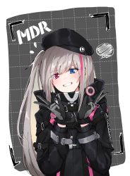 Rule 34 | 1girl, 3o, absurdres, beret, black gloves, black hat, blue eyes, blush, breasts, character name, double v, eyes visible through hair, flying sweatdrops, girls&#039; frontline, gloves, grey hair, hat, heterochromia, highres, jacket, long hair, looking at viewer, mdr (girls&#039; frontline), medium breasts, multicolored hair, one side up, parted lips, pink eyes, pink hair, side ponytail, sidelocks, smile, solo, streaked hair, v, wrist straps, zipper