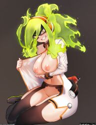 Rule 34 | 1girl, absurdres, ankle boots, black background, black thighhighs, blush, boku no hero academia, boots, breasts, burnin (boku no hero academia), constricted pupils, domino mask, dress, fire hair, garter belt, green hair, grin, hair between eyes, hairband, highres, large breasts, long hair, long sleeves, looking at viewer, mask, navel, nipples, no panties, open clothes, simple background, sitting, smile, solo, thighhighs, white dress, yellow eyes, yur1rodrigues