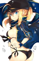 Rule 34 | 1girl, absurdres, ahoge, artoria pendragon (all), artoria pendragon (fate), ass, baseball cap, bikini, black bikini, black scarf, blonde hair, blue eyes, breasts, cowboy shot, fate (series), grin, hair between eyes, hat, highres, jacket, long hair, looking at viewer, looking back, medium breasts, mysterious heroine x (fate), open clothes, open jacket, parted lips, ponytail, ranf, rojiura satsuki : chapter heroine sanctuary, saber (fate), scarf, side-tie bikini bottom, sideboob, simple background, sleeves rolled up, smile, solo, swimsuit, tying, water drop, white background